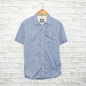 G Star RAW Short Sleeve Button up Shirt Blue Chambray 2 Pocket Men's Sz Medium